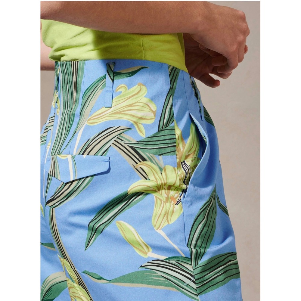Luisa Cerano Blue Tropical Lily Floral Print‎ Straight Leg Trousers Pants Size 6